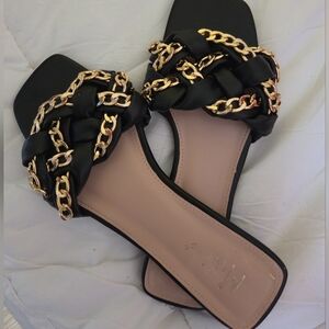 Mixx Shuz Black Braided Slide Sandals with Gold Chain